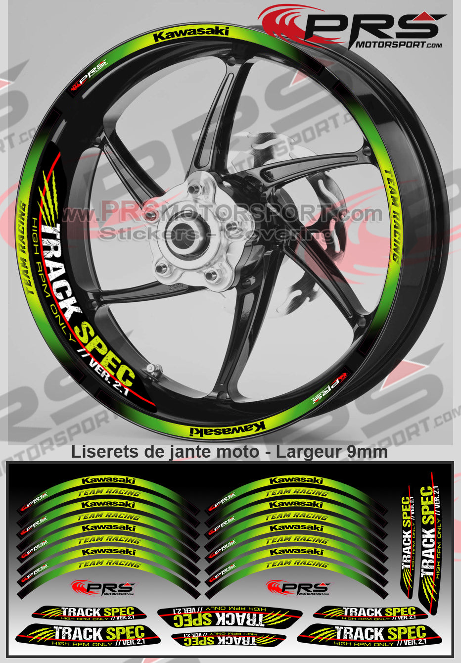 Kit déco jante autocollant moto Kawasaki Track Spec prsmotorsport, stickers roue motorcycles, decals.