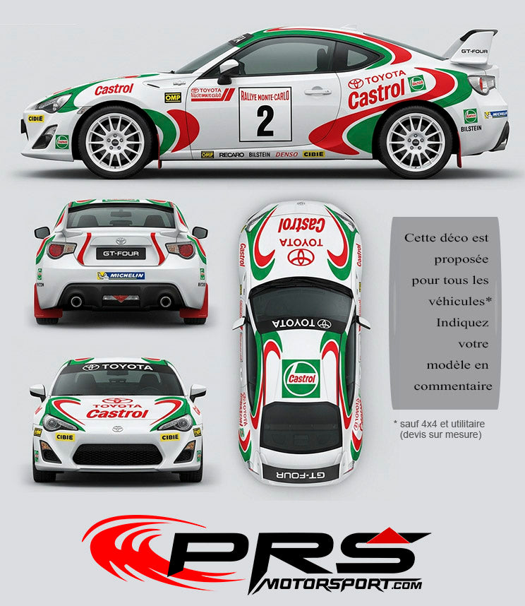 Nous proposons la mythique déco de la wrc Toyota Celica dans sa livrée castrol ! Kit déco intégrale, sur mesure nous l'adaptons à tous les modèles de véhicule. La décalcomanie est fidèle et complète pour une livrée intégrale. Qualité ultra résistance pour durer jusqu'à 10 ans. Application facile pour un résultat exceptionnel.