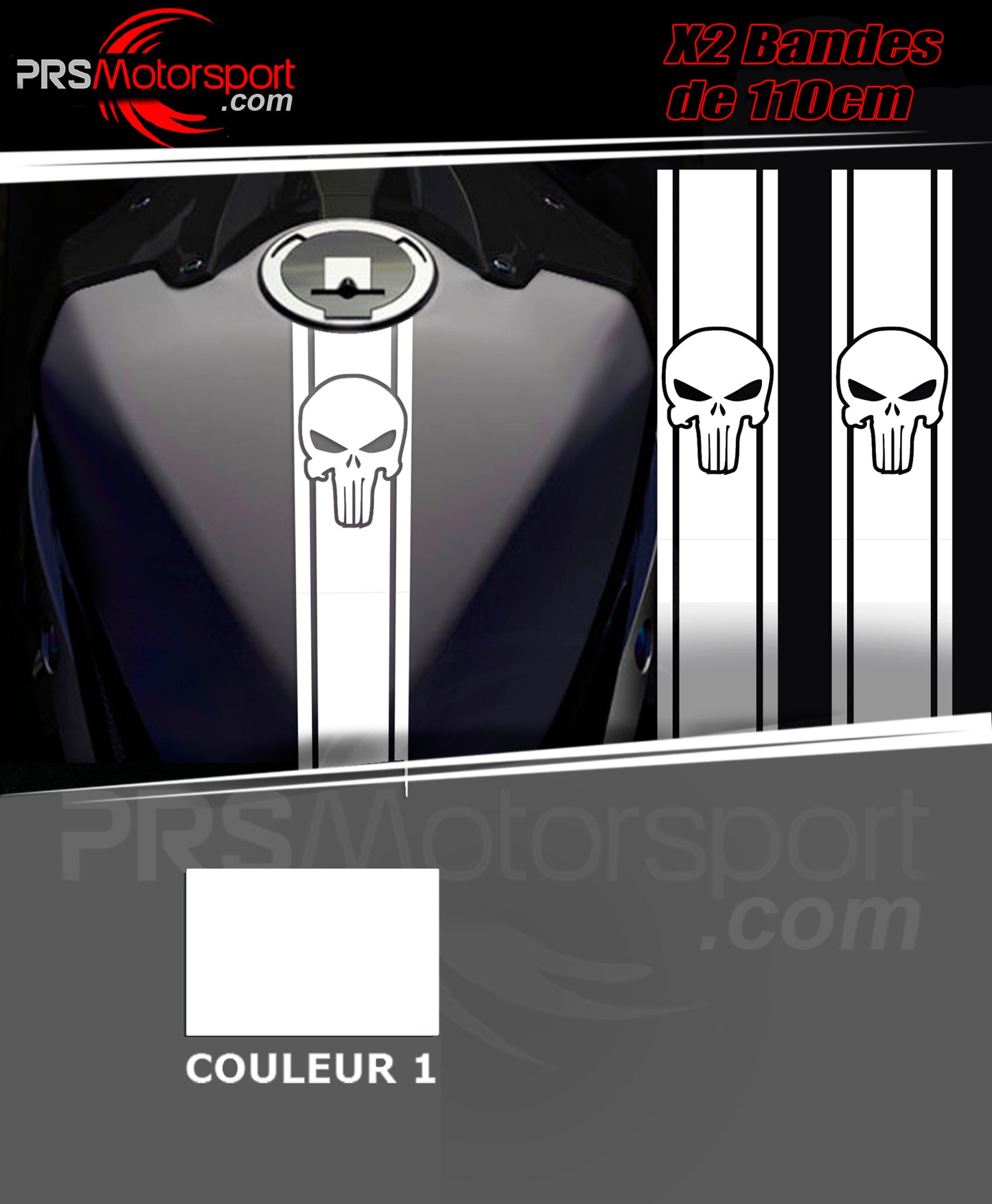 Bande autocollante pour réservoir et carénage moto. Stickers punisher autocollant moto.