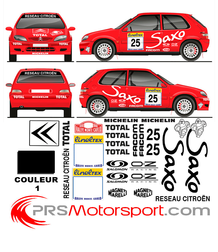 KIT déco autocollant voiture CITROEN SAXO MONTE CARLO de 1999, stickers sur mesure et personnalisable pour la carrosserie. Décalcomanie rallye.