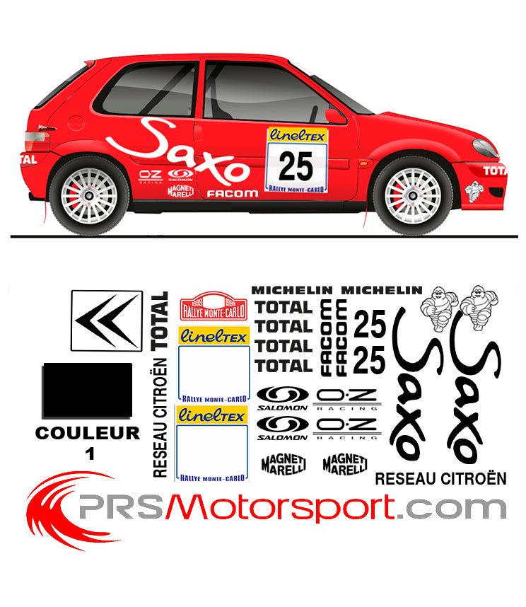 Kit déco autocollant carrosserie Citroën Saxo MONTE CARLO de 1999. Stickers rallye voiture.