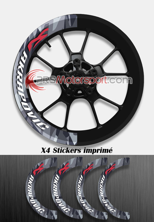kit deco jante imprimé akrapovic, bandes stickers jante moto.