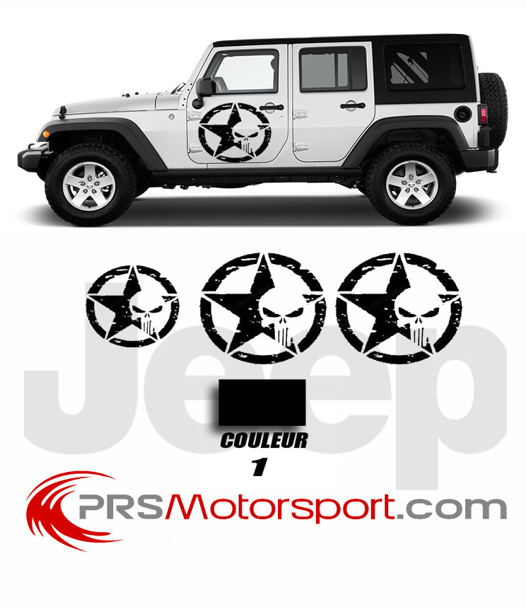 kit déco jeep, stickers etoile army US pour 4x4, autocollant carrosserie punisher.
