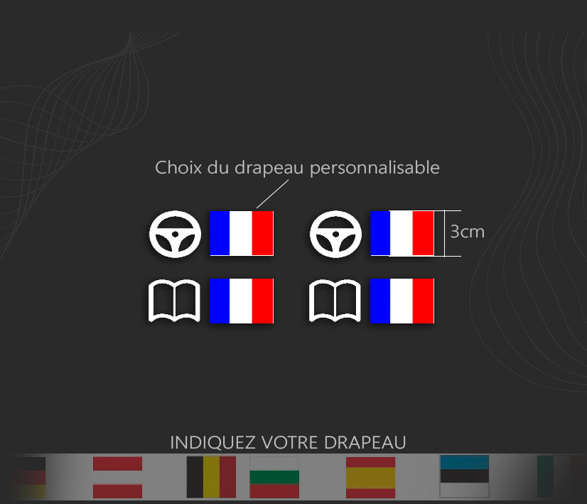 Autocollant drapeau pilote et copilote à poser sur les vitres arrières des voitures de rallye et compétition automobile. Stickers haute performance, durabilité 10 ans. Application facile et personnalisable.
