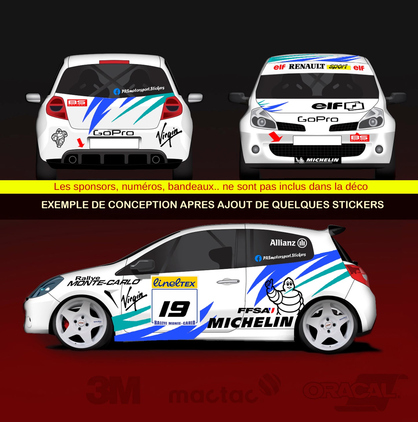 Déco autocollant carrosserie voiture rally, stickers kit déco rallye, décalcomanie course de cote. 