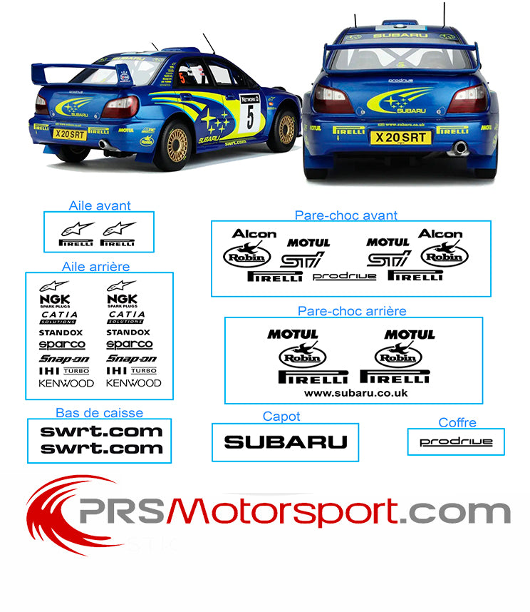 Autocollant sponsors subaru 2001 rally team, stickers swrt ngk alpinestars subaru pirelli motul robin sti alcon standox sparco ihi turbo prodrive.
