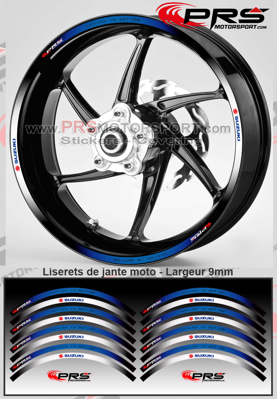 Autocollant jante moto liserets imprimé pour SUZUKI, stickers Design In Motion.