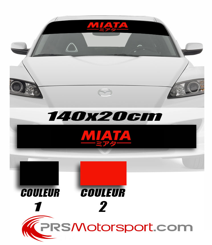 Autocollant pare soleil pour poser ur le pare brise de votre Mazda Miata. Stickers Miata écrit en Japonais/Kanji. Durabilité jusqu'à 8 ans si posé correctement. Application facile à la méthode humide. Nombreuses couleurs disponibles.