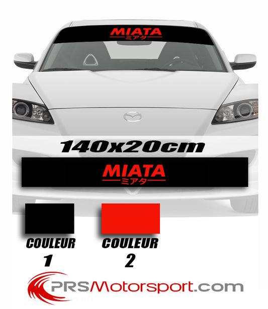 Autocollant pare soleil pour poser ur le pare brise de votre Mazda Miata. Stickers Miata écrit en Japonais/Kanji. Durabilité jusqu'à 8 ans si posé correctement. Application facile à la méthode humide. Nombreuses couleurs disponibles.