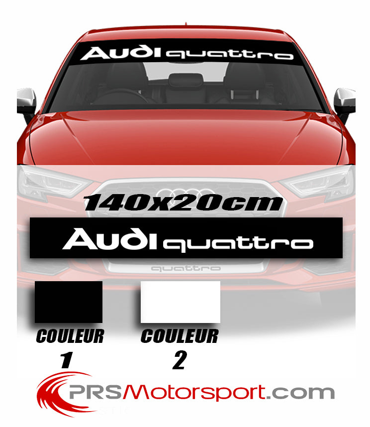 Bande pare soleil à coller sur le pare brise de votre véhicule Audi Quattro, design de reproduction du bandeau de pare brise de la voiture de rally d'époque. Stickers haute qualité, fabriqué en France, facile à poser.