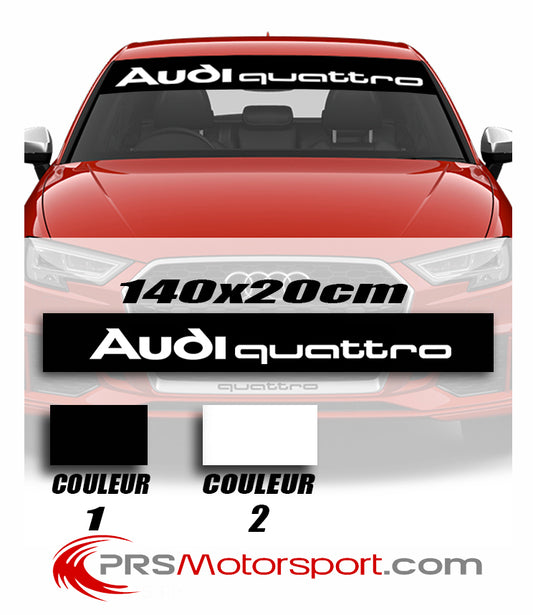 Bande pare soleil à coller sur le pare brise de votre véhicule Audi Quattro, design de reproduction du bandeau de pare brise de la voiture de rally d'époque. Stickers haute qualité, fabriqué en France, facile à poser.
