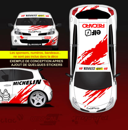 Kit déco complet sur mesure pour carrosserie voiture de rallye. Stickers sur mesure toutes voiture compétition automobile. 