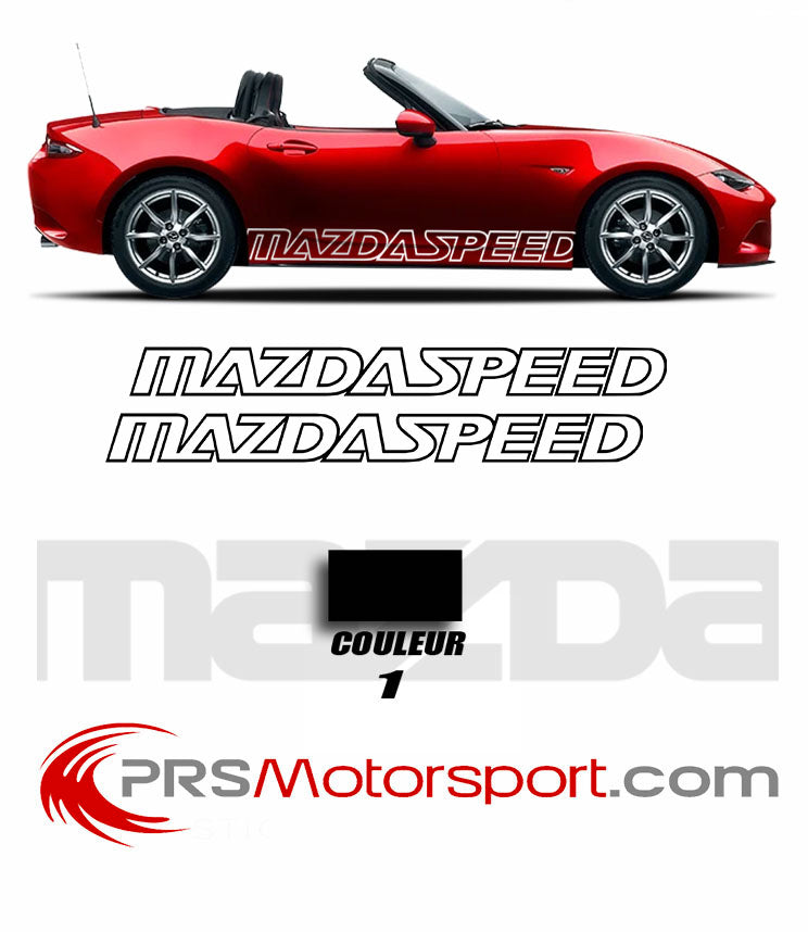 Kit déco Mazdaspeed autocollant pour poser sur les bas de caisse, grand lettrage latérale pour un look racing. Application facile. Nous adaptons sa taille au modèles de votre véhicule. Disponible en nombreuses couleurs. 