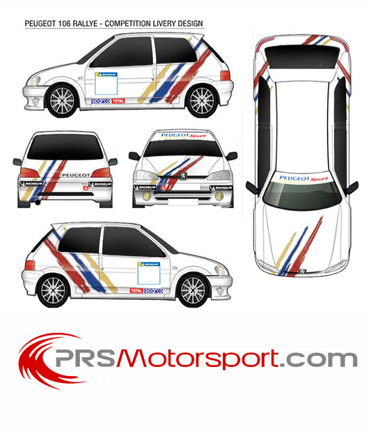Kit déco Rallye autocollant adhésif Peugeot sport pour la peugeot 106 rallye, design livery limited.