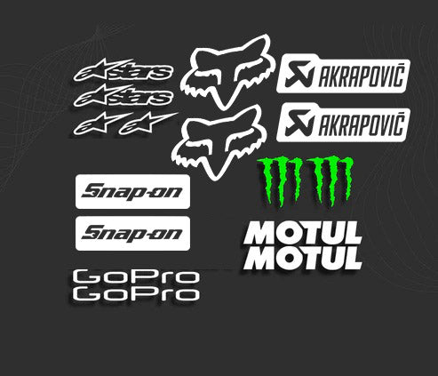 Kit stickers Akrapovic Fox racing autocollant motul gopro snap-on alpinestars monster energy.