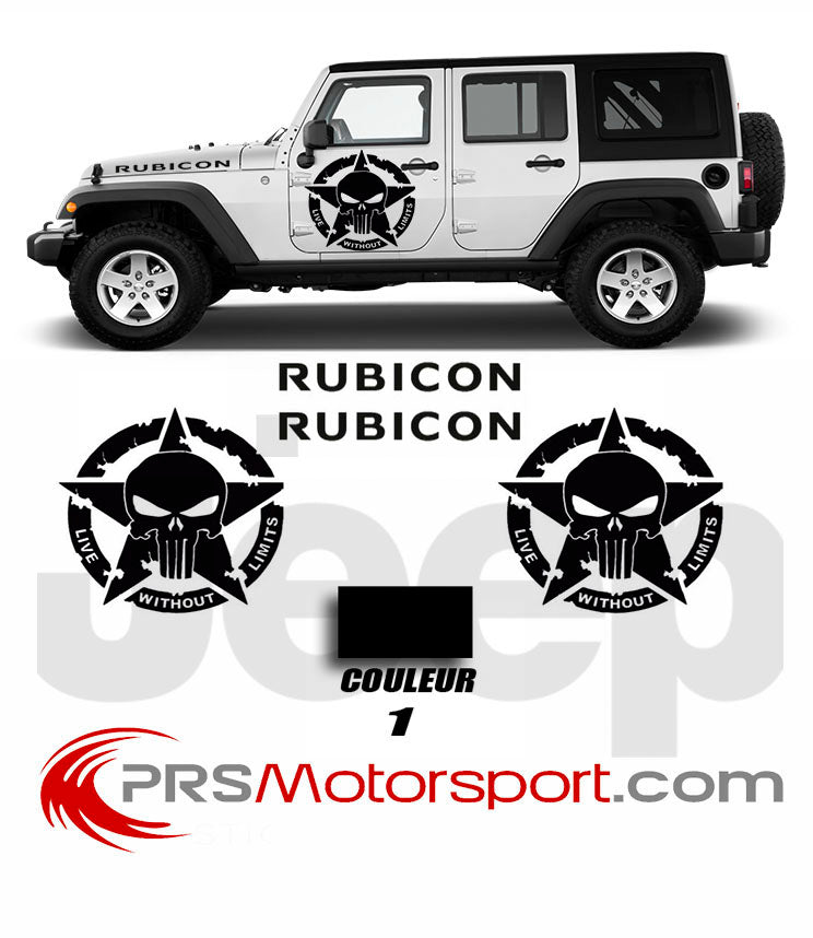 Kit déco JEEP Wrangler RUBICON stickers Etoile punisher without limits, autocollant carrosserie 4x4.