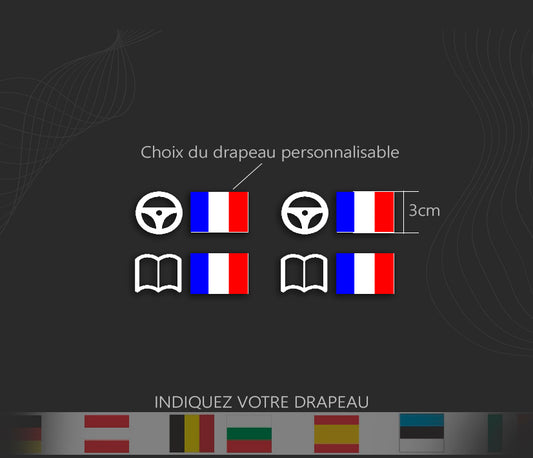 Autocollant drapeau pilote et copilote à poser sur les vitres arrières des voitures de rallye et compétition automobile. Stickers haute performance, durabilité 10 ans. Application facile et personnalisable. 