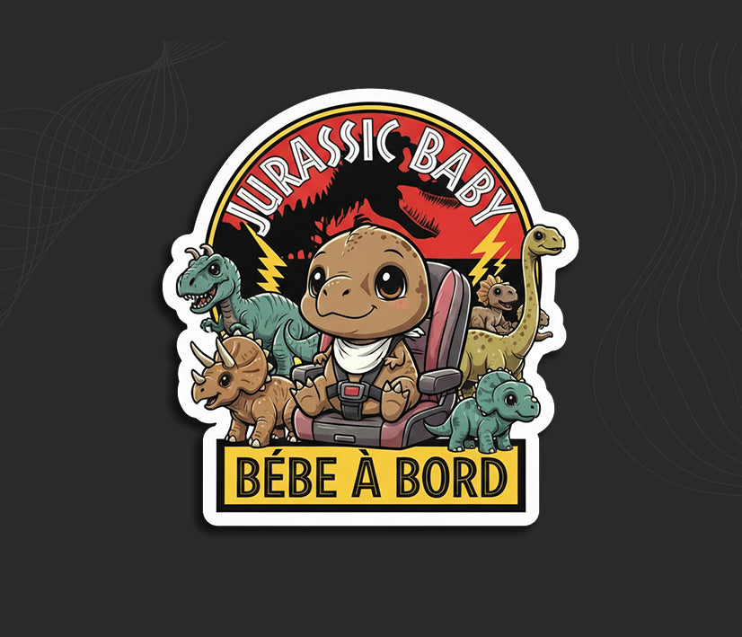 Stickers autocollant voiture bébé à bord stickers humoristique jurassic baby dinosaure à bord.