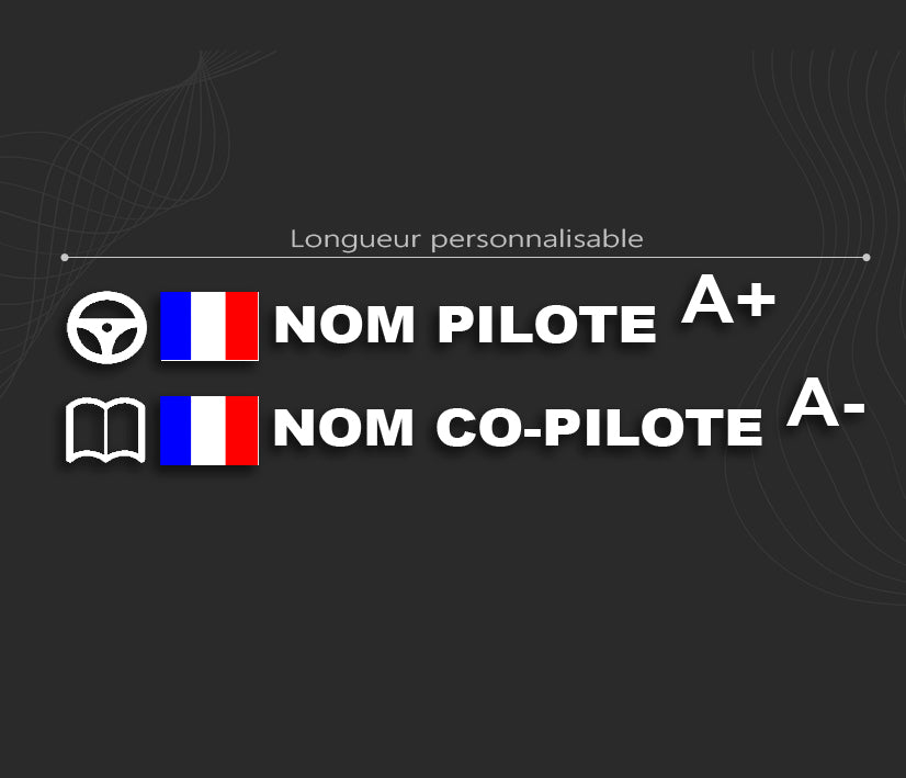 autocollant pilote copilote pour voiture de rallye. Lettrage rallye nom et groupe sanguin, stickers du drapeau. 