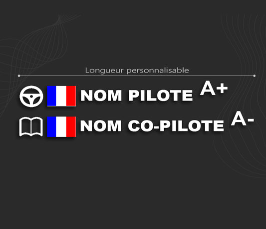 autocollant pilote copilote pour voiture de rallye. Lettrage rallye nom et groupe sanguin, stickers du drapeau. 